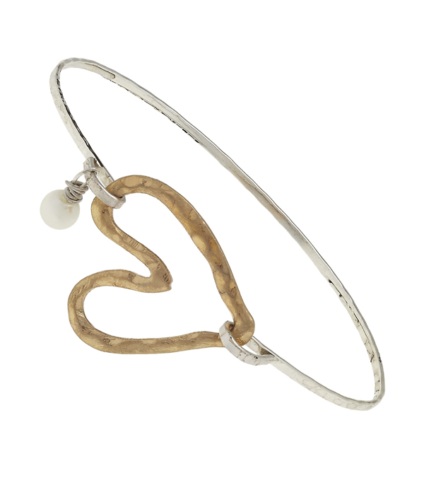 Handmade heart and pearl wire bangle bracelet