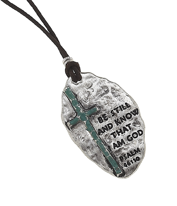 Handmade cross long leather cord necklace - psalm 46:10