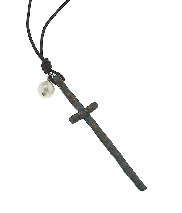 Handmade patina cross and pearl and long leather cord necklace