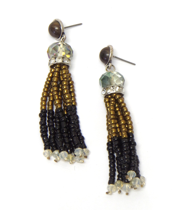 CRYSTAL RONDELL AND MULTI SEED BEAD TASSEL DROP EARRING 