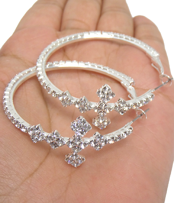 Rhinestone cross hoop earring