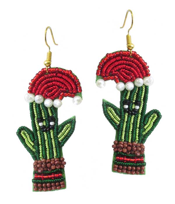 HANDMADE MULTI SEEDBEAD AND EMBROIDER EARRING - CACTUS AND SANTA HAT
