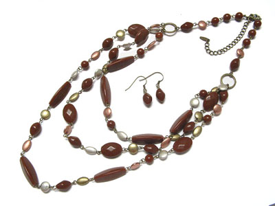 Triple row beads and burnish metal necklace and earring set