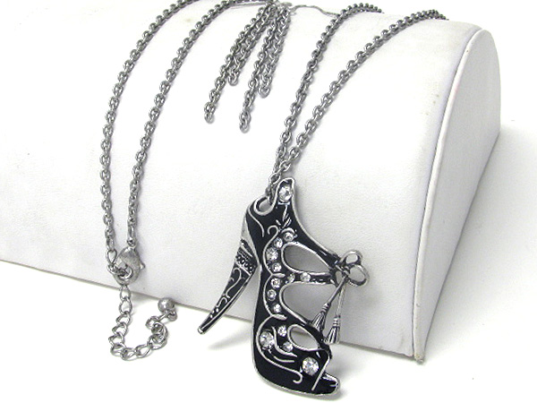 Crystal and epoxy deco large high hill pendant and long chain necklace earring set