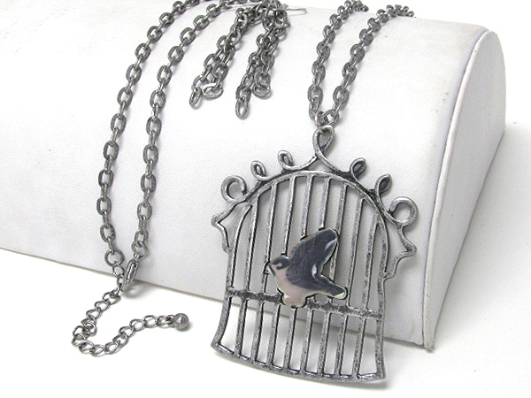 Bird in cage pendant long necklace earring set