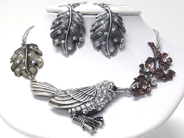 Crystal stud bird and leaf link statement necklace earring set