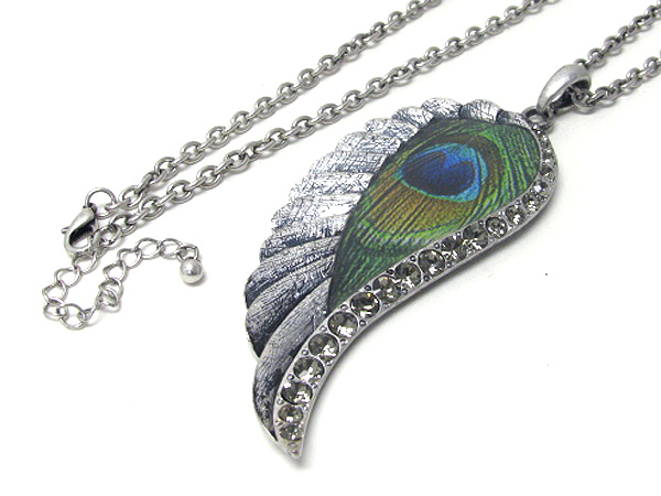 Crystal and peacock paint deco large angel wing long necklace