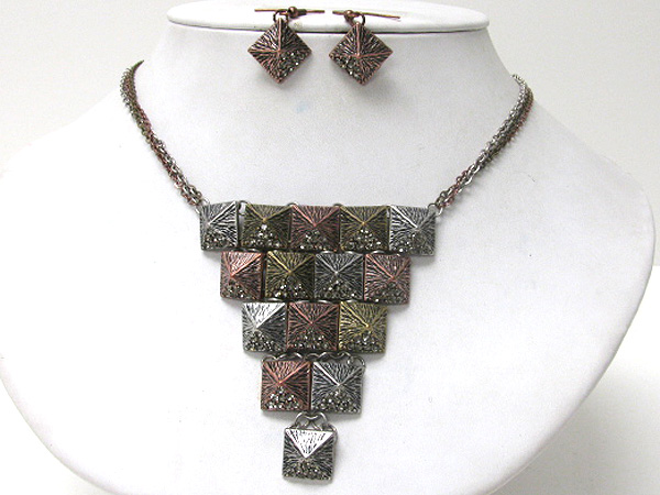 CRYSTAL DECO FLAT SPIKE LINK BIB STYLE NECKLACE EARRING SET