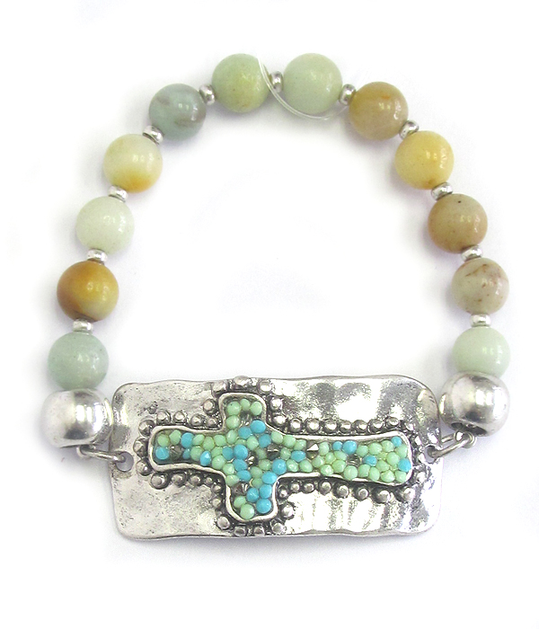 Seed bead cross plate stretch bracelet