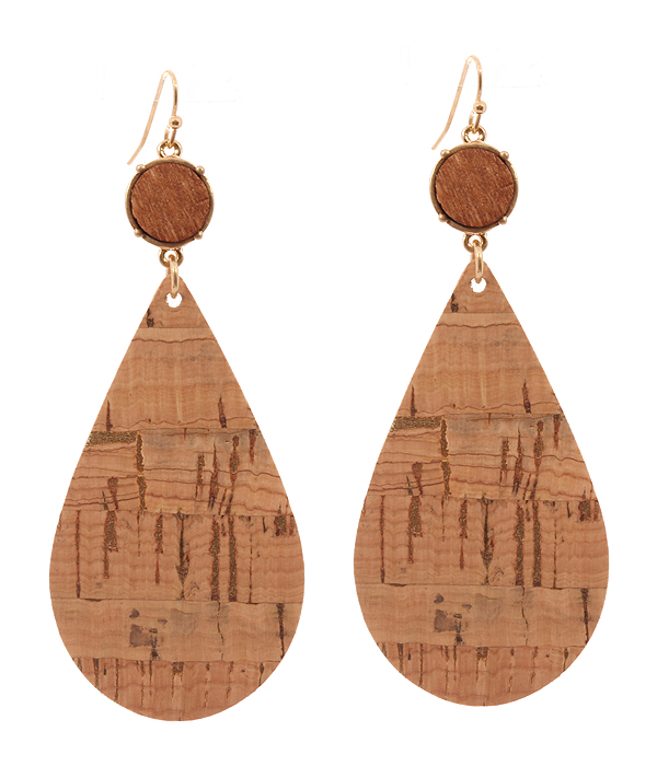 CORK WOOD PRINT LEATHERETTE TEARDROP EARRING