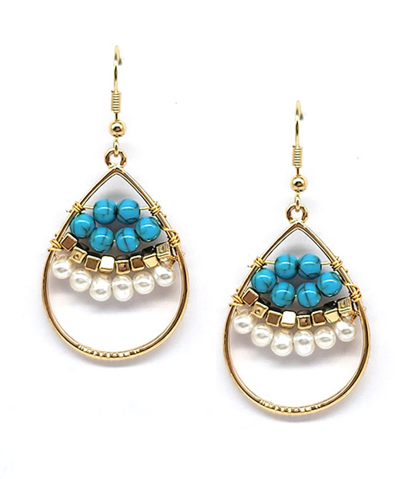 TURQUOISE AND PEARL MIX METAL TEARDROP EARRING