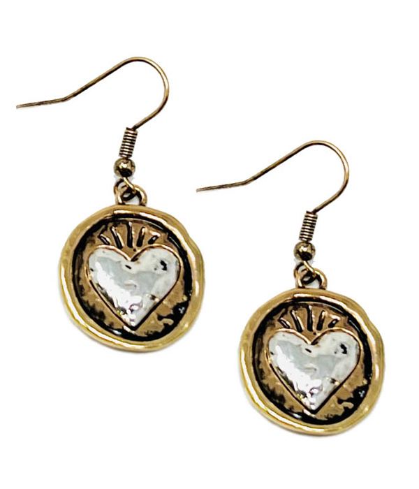 VINTAGE METAL HEART DISC EARRING