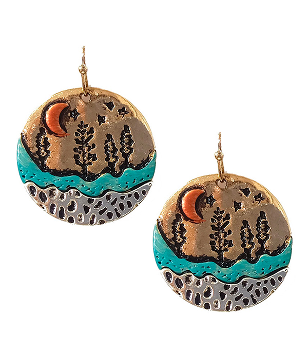 TREE AND MOUNTAIN LANDSCAPE DISC EARRING