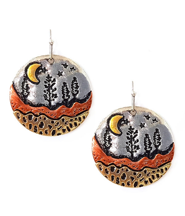 TREE AND MOUNTAIN LANDSCAPE DISC EARRING