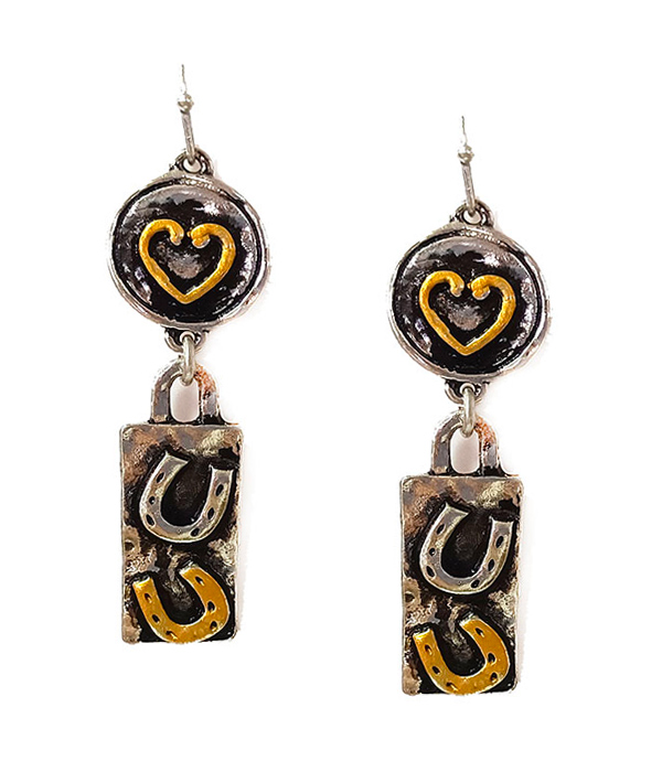 NAVAJO STYLE BAR DROP EARRING - HEART HORSE SHOE