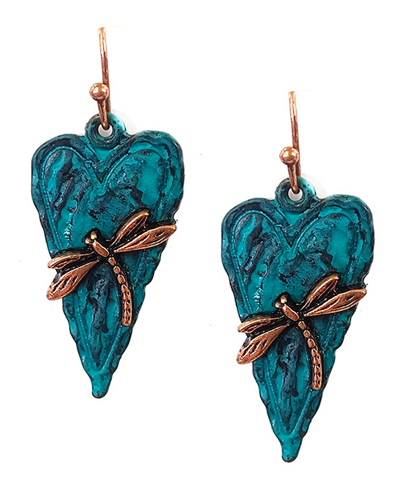 VINTAGE METAL HEART AND DRAGONFLY EARRING