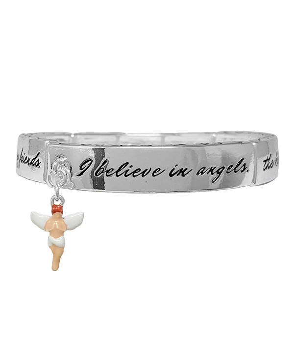 Relilgious theme 3d charm stretch bracelet - i believe in angels