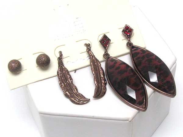 ROUND METAL STUD METAL LEAVES ANMAL PRINT 3 PAIR EARRING SET