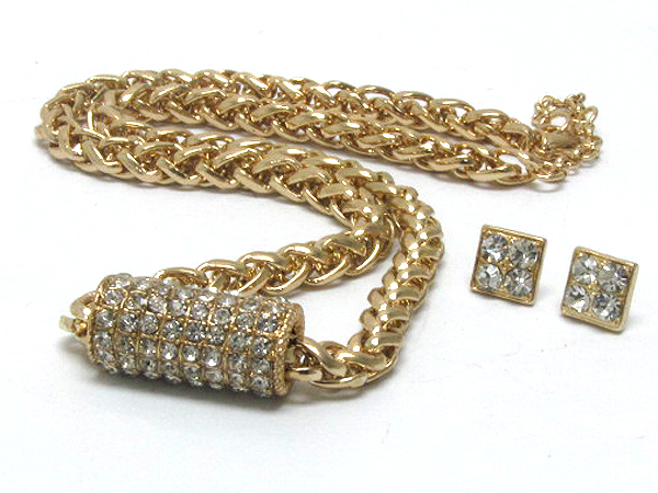 Crystal stud metal tube pendant premium chain necklace earring set