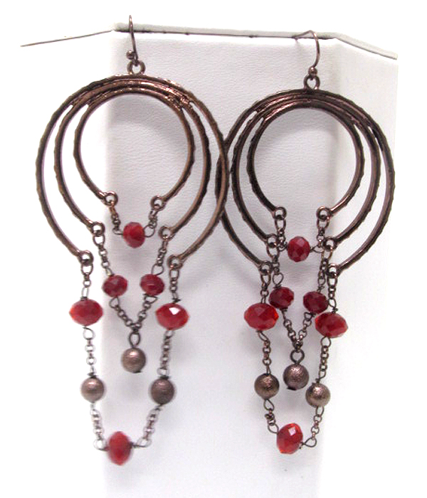 Tri hoop and hanging metal chain and beads drop earring - hoops