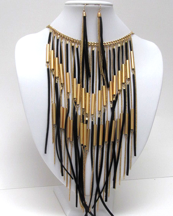 Leather and metal link long hanging drop necklace earring set