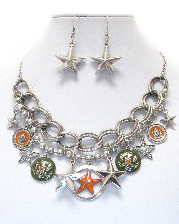 Western theme crystal deco multi star and chain necklace earring set