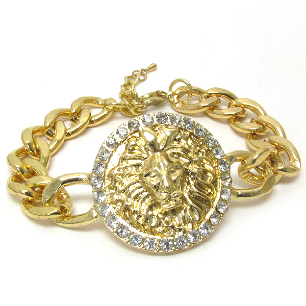 Crystal deco lion head on disk and thick chain rihanna style bracelet