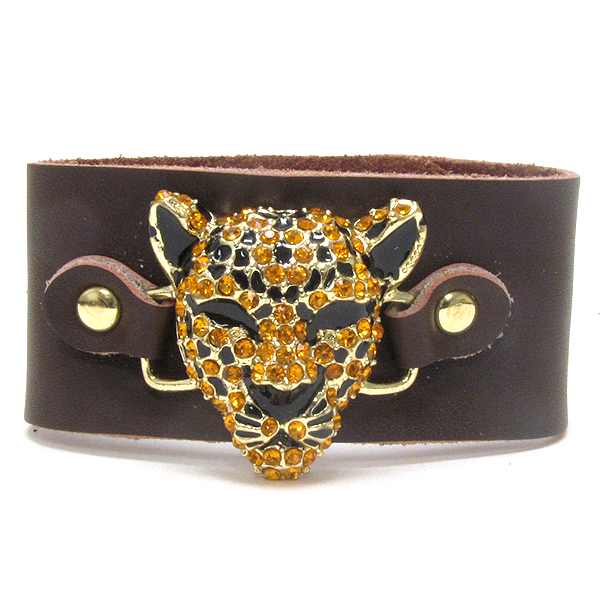 Crystal deco jaguar and leatherette band bracelet