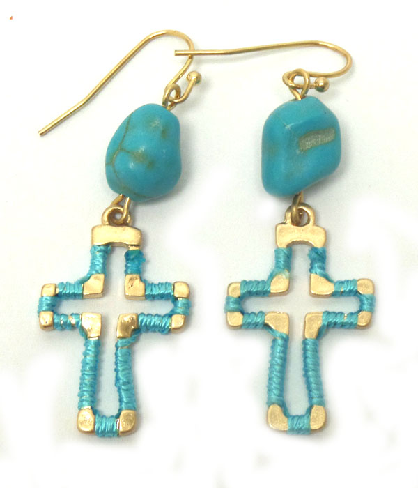 Cut out metal cross wrapped with thread fish hook earrings