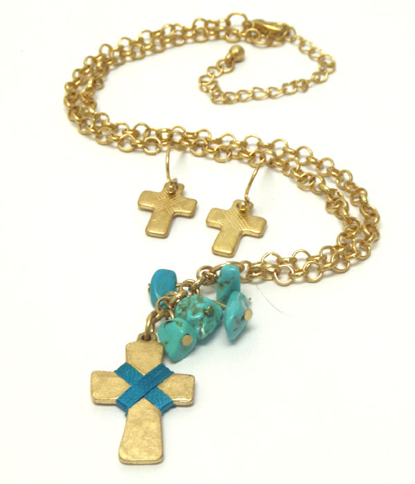 Metal chain and cross with turquoise stone necklace set 