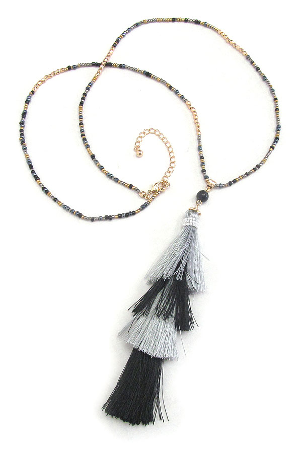 MULTI LAYER THREAD TASSEL AND SEED BEAD LONG NECKLACE