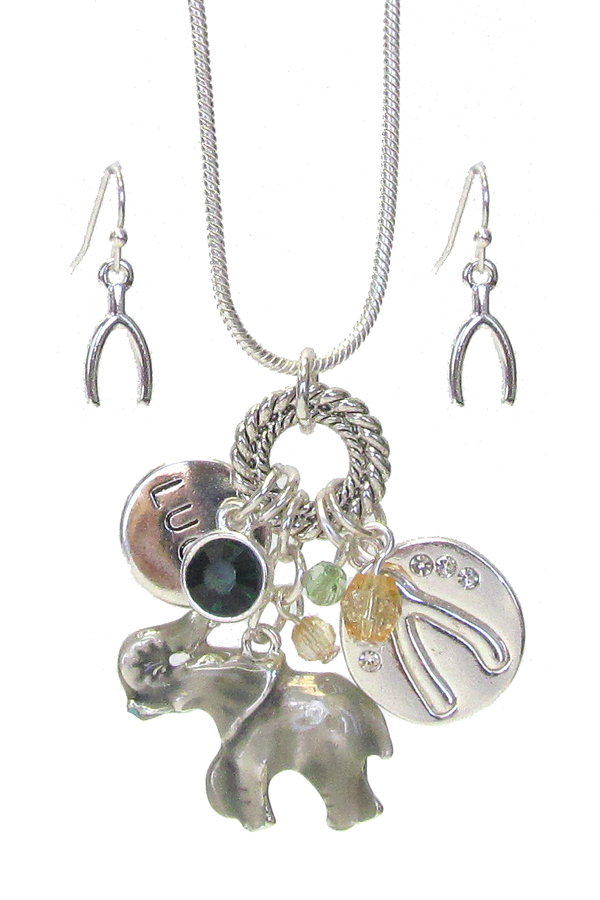 LUCKY THEME MULTI CHARM PENDANT NECKLACE SET - ELEPHANT WISH BONE