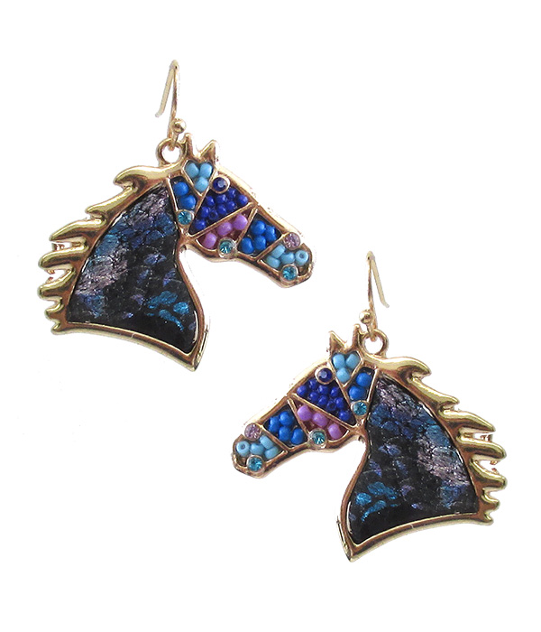 MULTI SEEDBEAD HORSE EARRING - GENUINE LEATHER