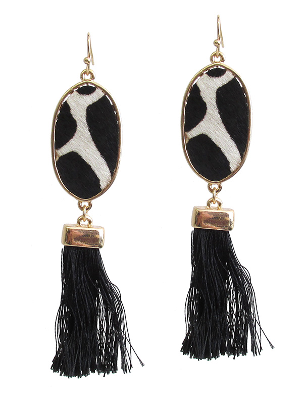 ANIMAL PRINT AND THREAD TASSEL DROP EARRING - GENUINE LEATHER