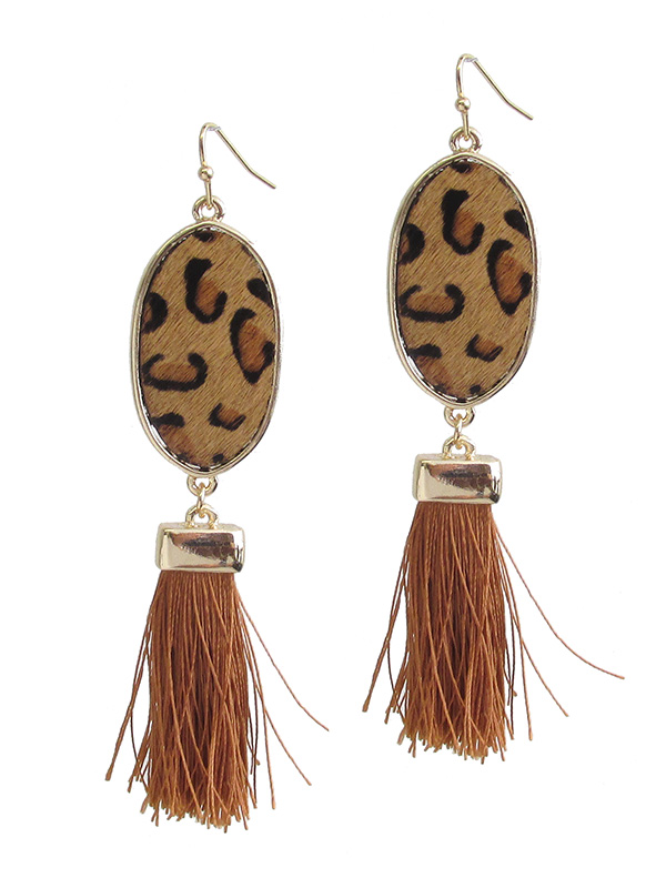 ANIMAL PRINT AND THREAD TASSEL DROP EARRING - GENUINE LEATHER