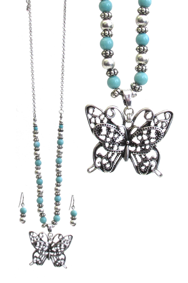 METAL FILIGREE BUTTERFLY PENDANT AND TURQUOISE BEAD CHAIN NECKLACE