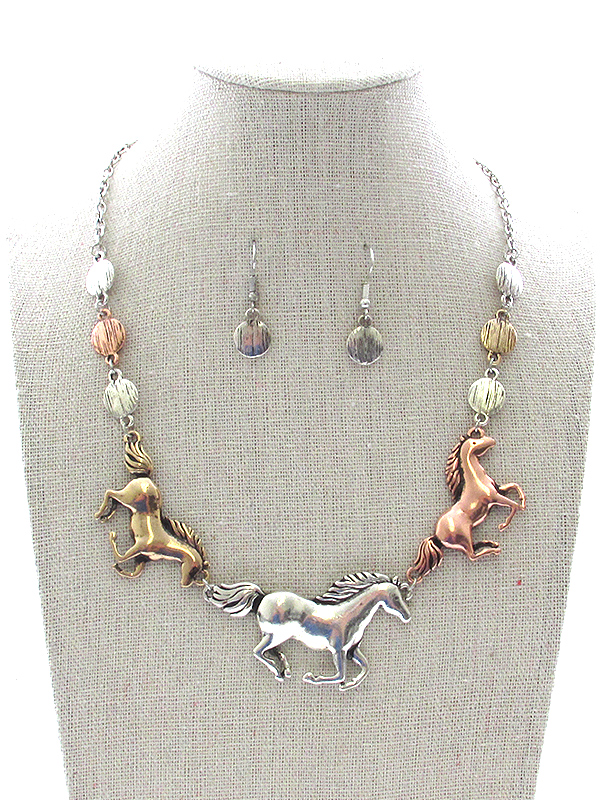 Vintage metal running horse necklace set