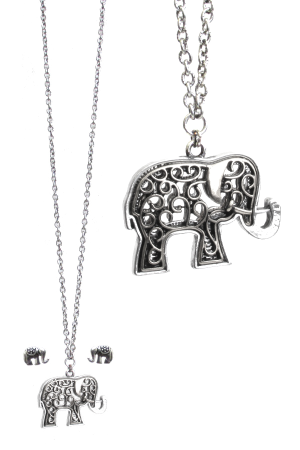 METAL FILIGREE LUCKY THEME PENDANT NECKLACE - ELEPHANT