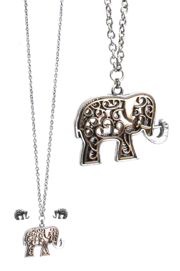 Metal filigree lucky theme pendant necklace - elephant