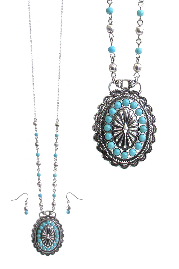 WESTERN STYLE CONCHO AND TURQUOISE PENDANT NECKLACE