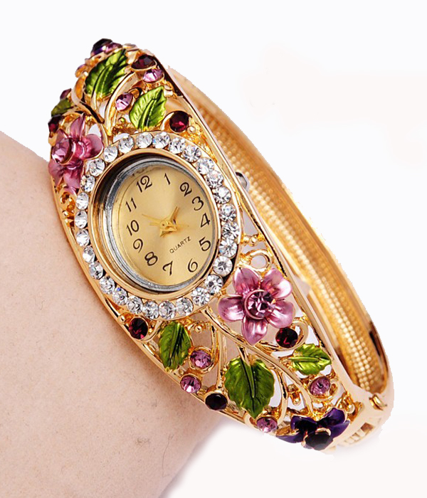 Crystal and metal epoxy flower deco hinge bangle watch