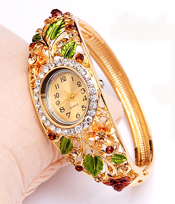 Crystal and metal epoxy flower deco hinge bangle watch
