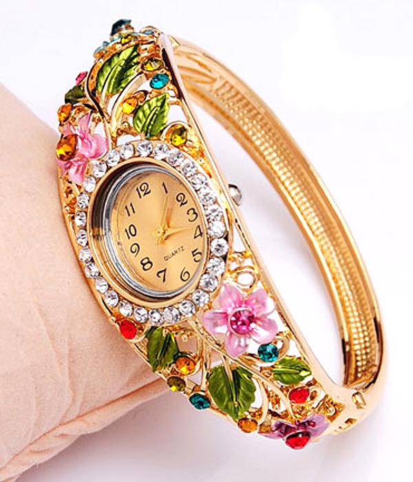 Crystal and metal epoxy flower deco hinge bangle watch