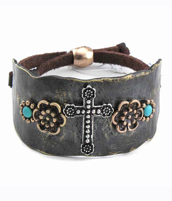Metal textured with cross pull and tie bracelet