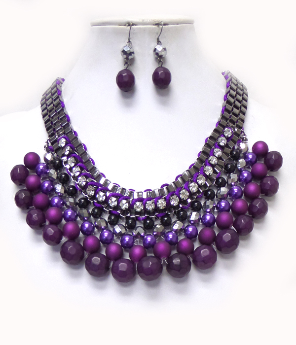 Mixed beads ball drop box chain bib necklace set