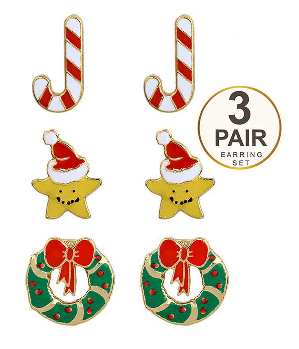 Christmas theme 3 pair earring set - star wreath and candy cane
