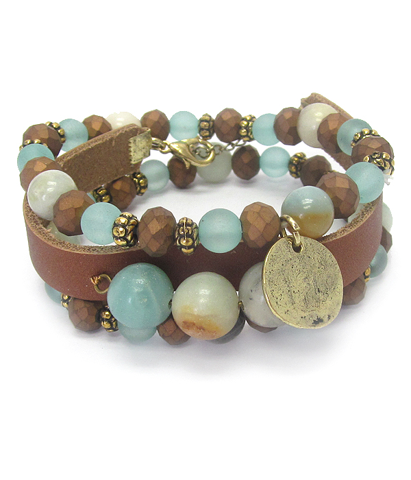 Multi ball link double stretch and one leatherette band bracelet set