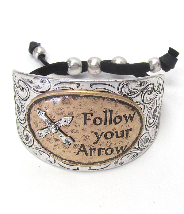 Textured chunky metal and suede pull tie bracelet - follow your arrow