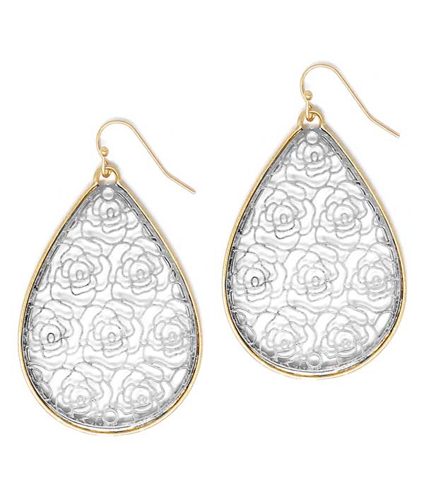 METAL FILIGREE ROSE TEARDROP EARRING