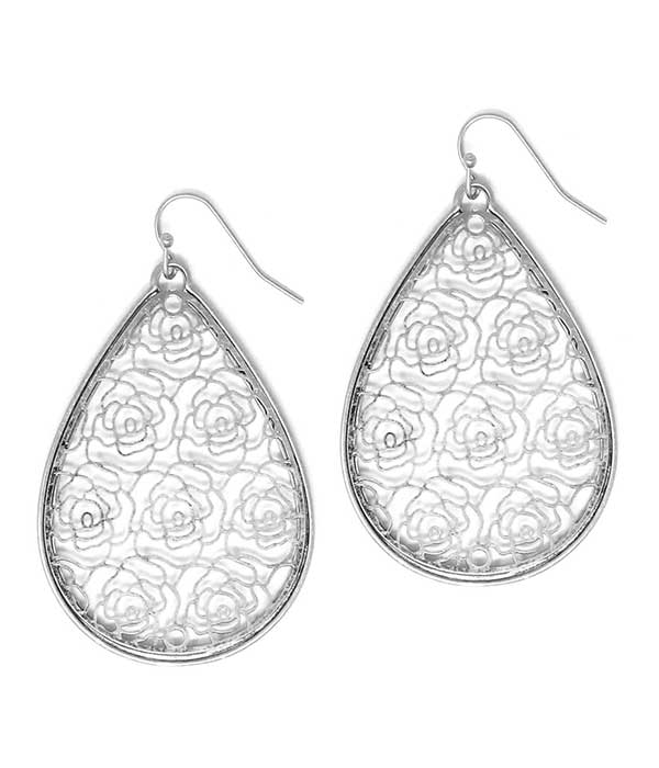 METAL FILIGREE ROSE TEARDROP EARRING